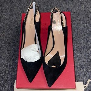 VALENTINO GARAVANI Crystal-embellished suede slingback pumps